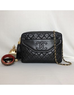 CHANEL Vintage Medium Camera Bag with CC Logo Flap & Fringe in Black Lambskin – GHW