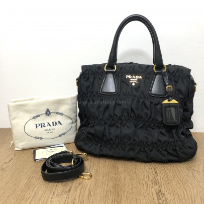 PRADA B1336M Tessuto Gaufre Black Nylon Tote Bag with Shoulder Strap – GHW