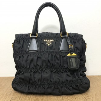 PRADA B1336M Tessuto Gaufre Black Nylon Tote Bag with Shoulder Strap – GHW