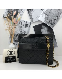 CHANEL Medium Camera Bag with CC Logo Flap & Fringe in Black Lambskin – GHW