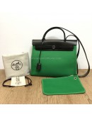 HERMES Herbag PM 31 Green Canvas with Black Calfskin Leather & PHW – Shoulder Bag Type (Stamp D – Year 2019)