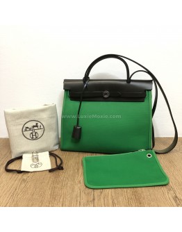 HERMES Herbag PM 31 Green Canvas with Black Calfskin Leather & PHW – Shoulder Bag Type (Stamp D – Year 2019)