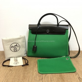 HERMES Herbag PM 31 Green Canvas with Black Calfskin Leather & PHW – Shoulder Bag Type (Stamp D – Year 2019)