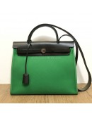 HERMES Herbag PM 31 Green Canvas with Black Calfskin Leather & PHW – Shoulder Bag Type (Stamp D – Year 2019)