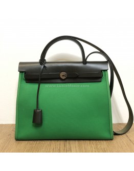 HERMES Herbag PM 31 Green Canvas with Black Calfskin Leather & PHW – Shoulder Bag Type (Stamp D – Year 2019)
