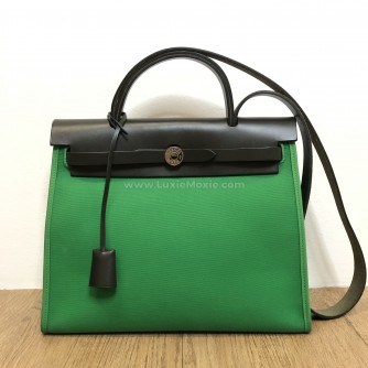 HERMES Herbag PM 31 Green Canvas with Black Calfskin Leather & PHW – Shoulder Bag Type (Stamp D – Year 2019)