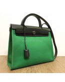 HERMES Herbag PM 31 Green Canvas with Black Calfskin Leather & PHW – Shoulder Bag Type (Stamp D – Year 2019)