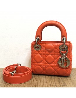 CHRISTIAN DIOR Micro Lady Dior Handbag with Shoulder Strap in Orange Cannage Lambskin – SHW