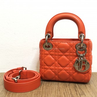 CHRISTIAN DIOR Micro Lady Dior Handbag with Shoulder Strap in Orange Cannage Lambskin – SHW