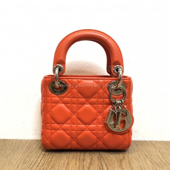 CHRISTIAN DIOR Micro Lady Dior Handbag with Shoulder Strap in Orange Cannage Lambskin – SHW