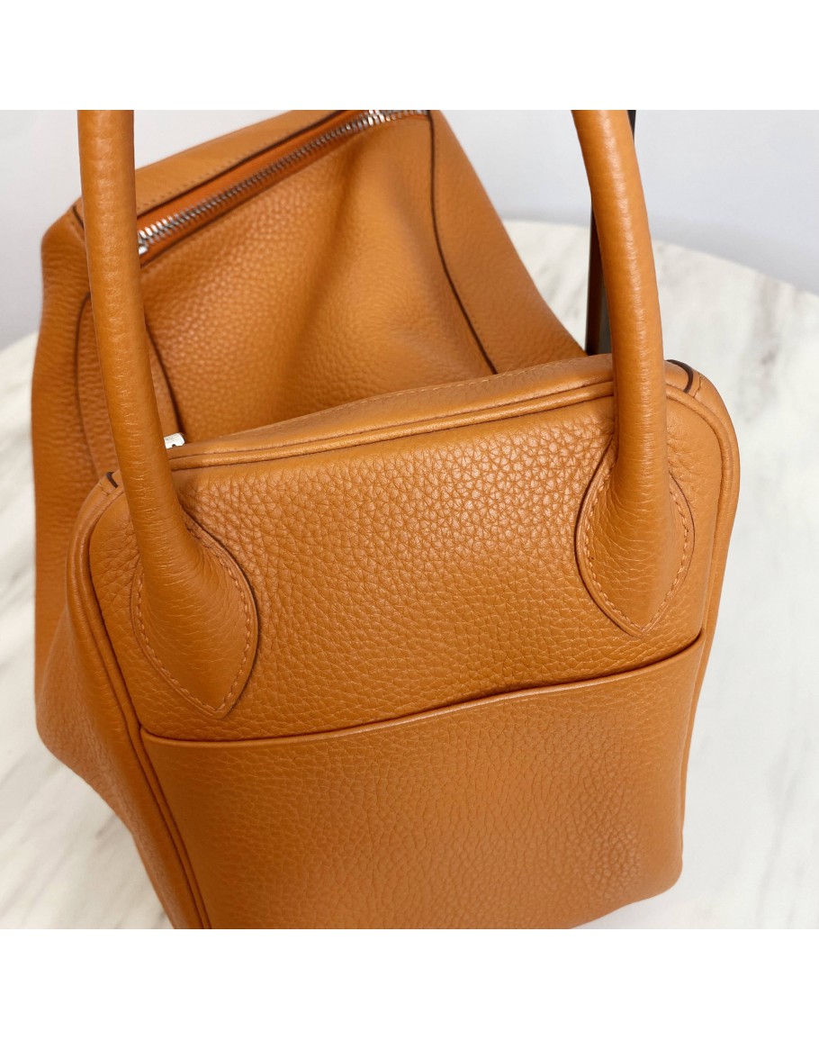 HERMES Lindy 30 Shoulder Bag in Orange Taurillon Clemence Leather