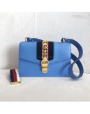 GUCCI Sylvie Medium Shoulder Bag in Blue Calfskin with Leather & Ribbon Strap – GHW