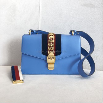 GUCCI Sylvie Medium Shoulder Bag in Blue Calfskin with Leather & Ribbon Strap – GHW