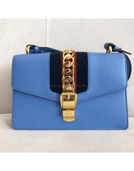 GUCCI Sylvie Medium Shoulder Bag in Blue Calfskin with Leather & Ribbon Strap – GHW