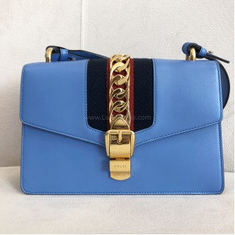 GUCCI Sylvie Medium Shoulder Bag in Blue Calfskin with Leather & Ribbon Strap – GHW
