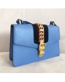 GUCCI Sylvie Medium Shoulder Bag in Blue Calfskin with Leather & Ribbon Strap – GHW