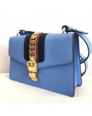 GUCCI Sylvie Medium Shoulder Bag in Blue Calfskin with Leather & Ribbon Strap – GHW