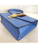 GUCCI Sylvie Medium Shoulder Bag in Blue Calfskin with Leather & Ribbon Strap – GHW