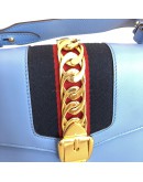GUCCI Sylvie Medium Shoulder Bag in Blue Calfskin with Leather & Ribbon Strap – GHW
