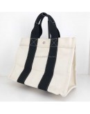 HERMES Classic Canvas Shopping Tote Bag in Off White/Black