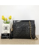 CHANEL Vintage Small Camera Bag with CC Stitch Mark & Fringe in Black Lambskin - GHW