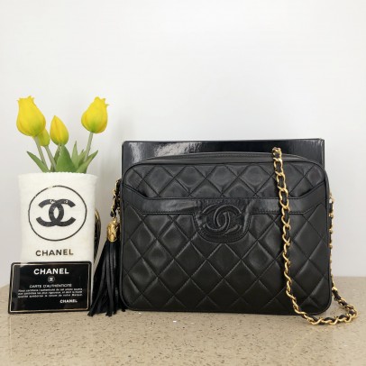 CHANEL Vintage Small Camera Bag with CC Stitch Mark & Fringe in Black Lambskin - GHW