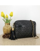 CHANEL Vintage Small Camera Bag with CC Stitch Mark & Fringe in Black Lambskin - GHW