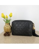 CHANEL Vintage Small Camera Bag with CC Stitch Mark & Fringe in Black Lambskin - GHW