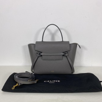 CELINE Nano Belt Bag with Shoulder Strap in Grey Grained Calfskin - GHW (Year 2020)