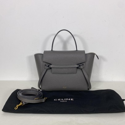 CELINE Nano Belt Bag with Shoulder Strap in Grey Grained Calfskin - GHW (Year 2020)