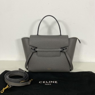 CELINE Nano Belt Bag with Shoulder Strap in Grey Grained Calfskin - GHW (Year 2020)