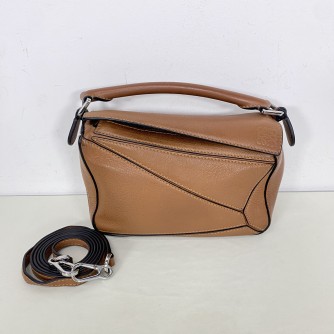 LOEWE Mini Puzzle Bag with Shoulder Strap in Tan Soft Grained Calfskin – SHW