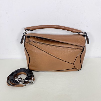 LOEWE Mini Puzzle Bag with Shoulder Strap in Tan Soft Grained Calfskin – SHW