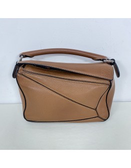 LOEWE Mini Puzzle Bag with Shoulder Strap in Tan Soft Grained Calfskin – SHW