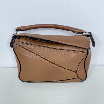 LOEWE Mini Puzzle Bag with Shoulder Strap in Tan Soft Grained Calfskin – SHW