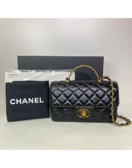 CHANEL 24C Mini Classic Flap with Top Handle in Black Goatskin – GHW (Microchip)