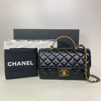 CHANEL 24C Mini Classic Flap with Top Handle in Black Goatskin – GHW (Microchip)