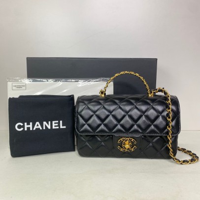 CHANEL 24C Mini Classic Flap with Top Handle in Black Goatskin – GHW (Microchip)