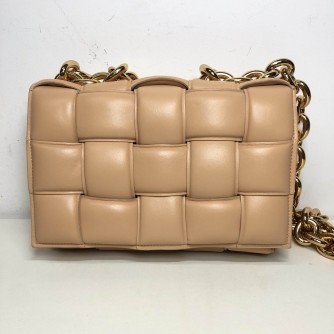 BOTTEGA VENETA Maxi Intrecciatto Padded Chain Cassette Crossbody Bag in Beige Lambskin - GHW