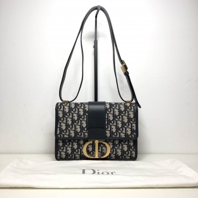 CHRISTIAN DIOR 30 Montaigne Bag in Blue Oblique Jacquard - Antique Gold Hardware (Year 2019)