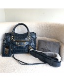 BALENCIAGA Mini City Bag with Shoulder Strap in Teal Blue Croc Embossed Calfskin – GHW