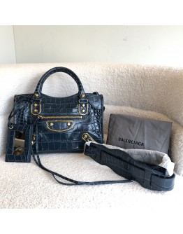 BALENCIAGA Mini City Bag with Shoulder Strap in Teal Blue Croc Embossed Calfskin – GHW