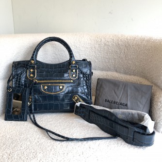 BALENCIAGA Mini City Bag with Shoulder Strap in Teal Blue Croc Embossed Calfskin – GHW