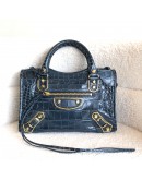 BALENCIAGA Mini City Bag with Shoulder Strap in Teal Blue Croc Embossed Calfskin – GHW
