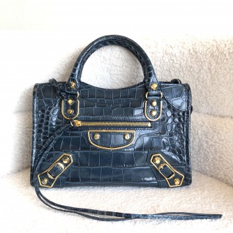 BALENCIAGA Mini City Bag with Shoulder Strap in Teal Blue Croc Embossed Calfskin – GHW