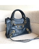 BALENCIAGA Mini City Bag with Shoulder Strap in Teal Blue Croc Embossed Calfskin – GHW