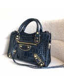 BALENCIAGA Mini City Bag with Shoulder Strap in Teal Blue Croc Embossed Calfskin – GHW