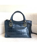BALENCIAGA Mini City Bag with Shoulder Strap in Teal Blue Croc Embossed Calfskin – GHW