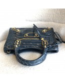 BALENCIAGA Mini City Bag with Shoulder Strap in Teal Blue Croc Embossed Calfskin – GHW