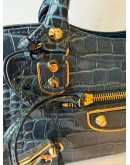 BALENCIAGA Mini City Bag with Shoulder Strap in Teal Blue Croc Embossed Calfskin – GHW